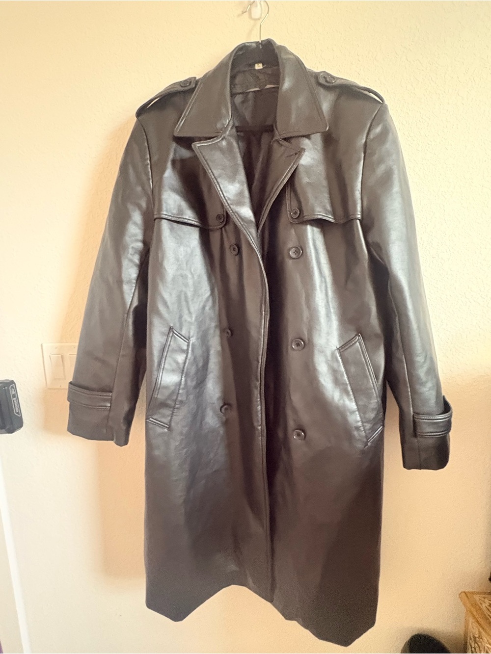 Black Faux Leather Trench Coat XL Double Breasted Epaulets Longline Matrix Goth